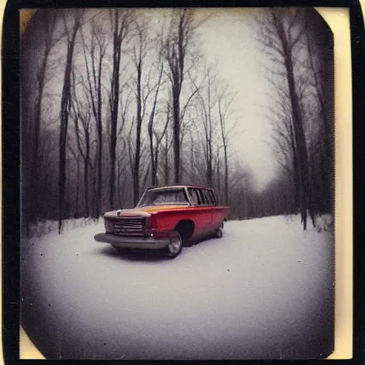 Prompt: vintage polaroid photograph of a car in a snowy forest