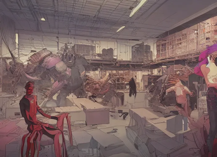 Prompt: large fancy showroom for designers, workshop. sharp focus, cinematic pose, cinematic lighting, unreal engine render. art by josan gonzales and moebius and deathburger.