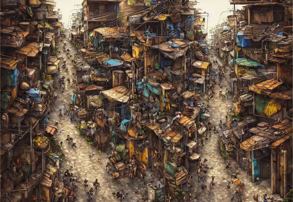 Image similar to photorealistic favela rocinha rio de janeiro with precise rendered alleys with intricate details of gun happy people in alley close view by Justin Gerard