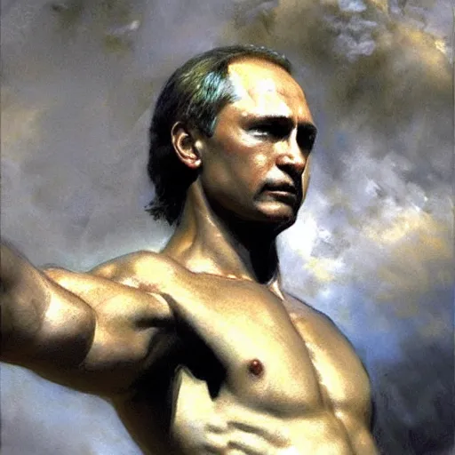 Image similar to Vladimir Putin as a greek god, muscular, detailed face, thighs, painting by Gaston Bussiere, Craig Mullins