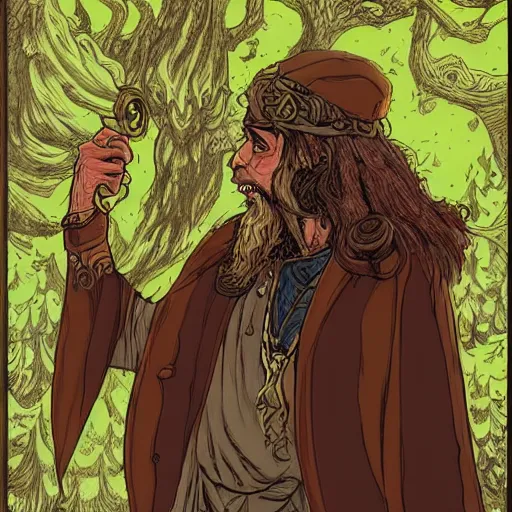 Prompt: precisely drawn illustration of Radagast the Brown blended with Loki, wide angle, sharp, fine details, French comic style, vibrant realistic colors, full color, heroic fantasy, intense line art, 8k, precise linework, realistic, in the style of Heavy Metal Comics and Richard Corben and Moebius