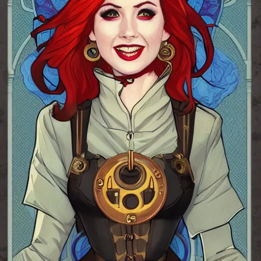 Image similar to pretty female Karen Gillan steampunk Batgirl DC comics, Jamie McKelvie comic art, art nouveau, Peter Mohrbacher, Alphonse Mucha, sarcastic confident smile, symmetrical eyes, symmetrical face, long red hair, full body