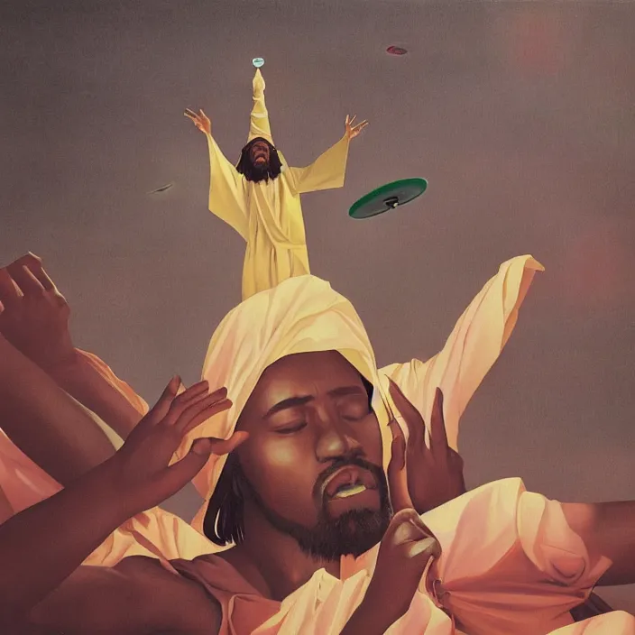 Prompt: many UFOs hovering over an African Jesus, painting by Hsiao-Ron Cheng,