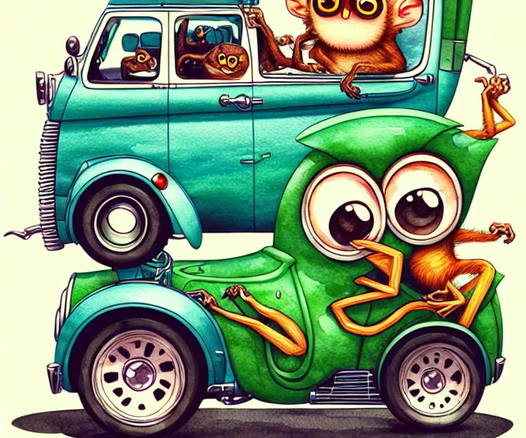 Image similar to cute and funny, tarsier driving a tiny hot rod morris j - type van with an oversized engine, ratfink style by ed roth, centered award winning watercolor pen illustration, isometric illustration by chihiro iwasaki, edited by craola, tiny details by artgerm and watercolor girl, symmetrically isometrically centered