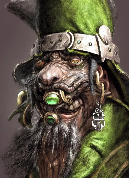 Image similar to a skaven from warhammer with a gray beard, wearing jewelry, tricorne hat, green robe, mean, dark tones, warlock, d & d, digital art, detailed face, highly detailed, trending on artstation, realistic