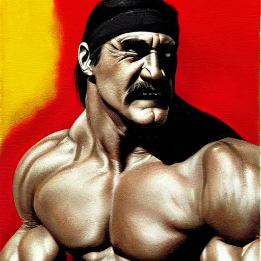 Prompt: wrestler hulk hogan, photorealistic, ring of fire, painted by frank frazetta