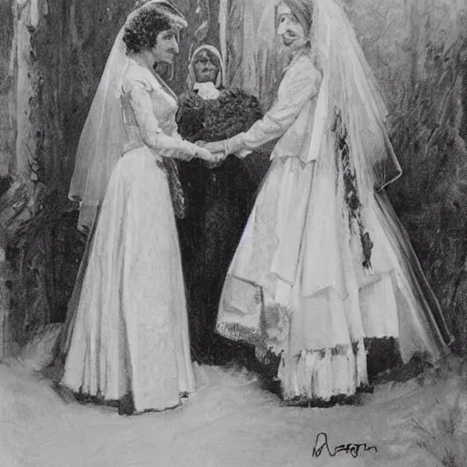 Prompt: two young edwardian women getting married to each other in a russian church, in the style of anders zorn