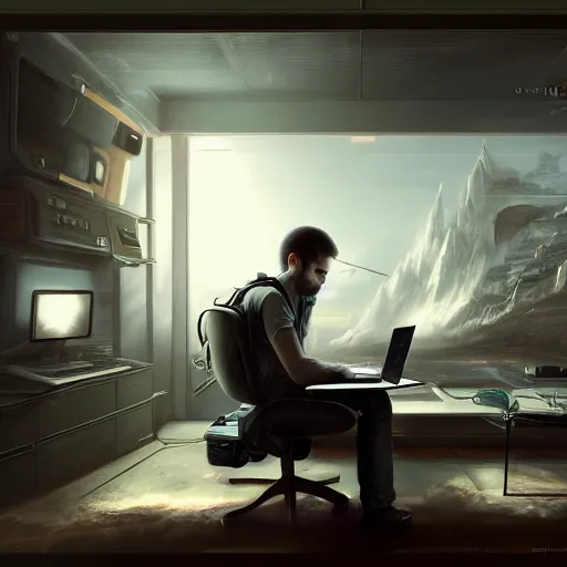 Image similar to realistic man using laptop in gaming room, artstation trends, sci fi concept art, highly detailed, intricate, sharp focus, digital art, 8 k