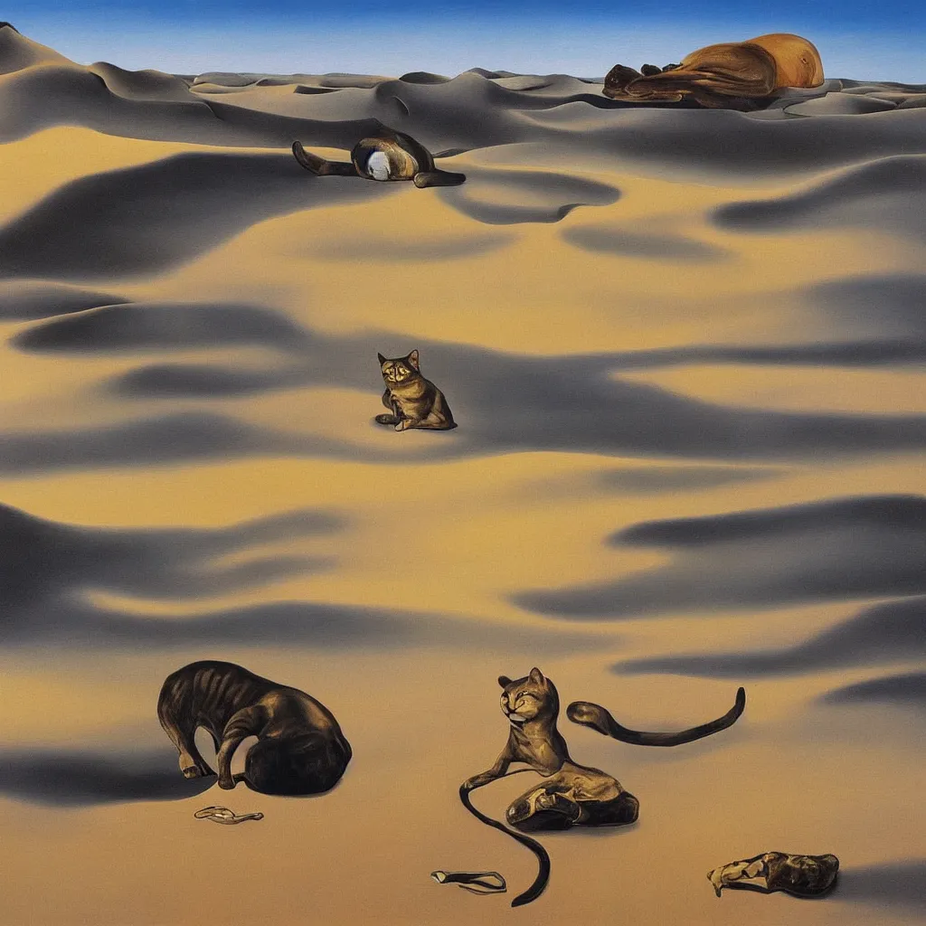Prompt: an untradetailed oil painting of a melting cat lying on flowing desert, landscape with dunes and oasis far away, hyper realistic, magic, fantasy, by salvador dali