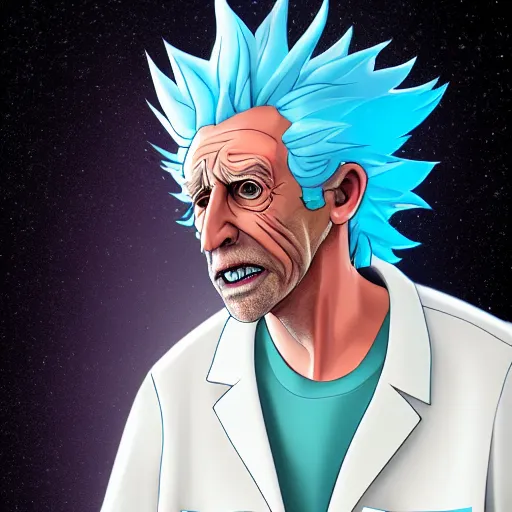 Prompt: portrait of real life rick sanchez wearing white lab coat. drool coming out of mouth. photo realism. dramatic lighting. alien planet background. 4 k