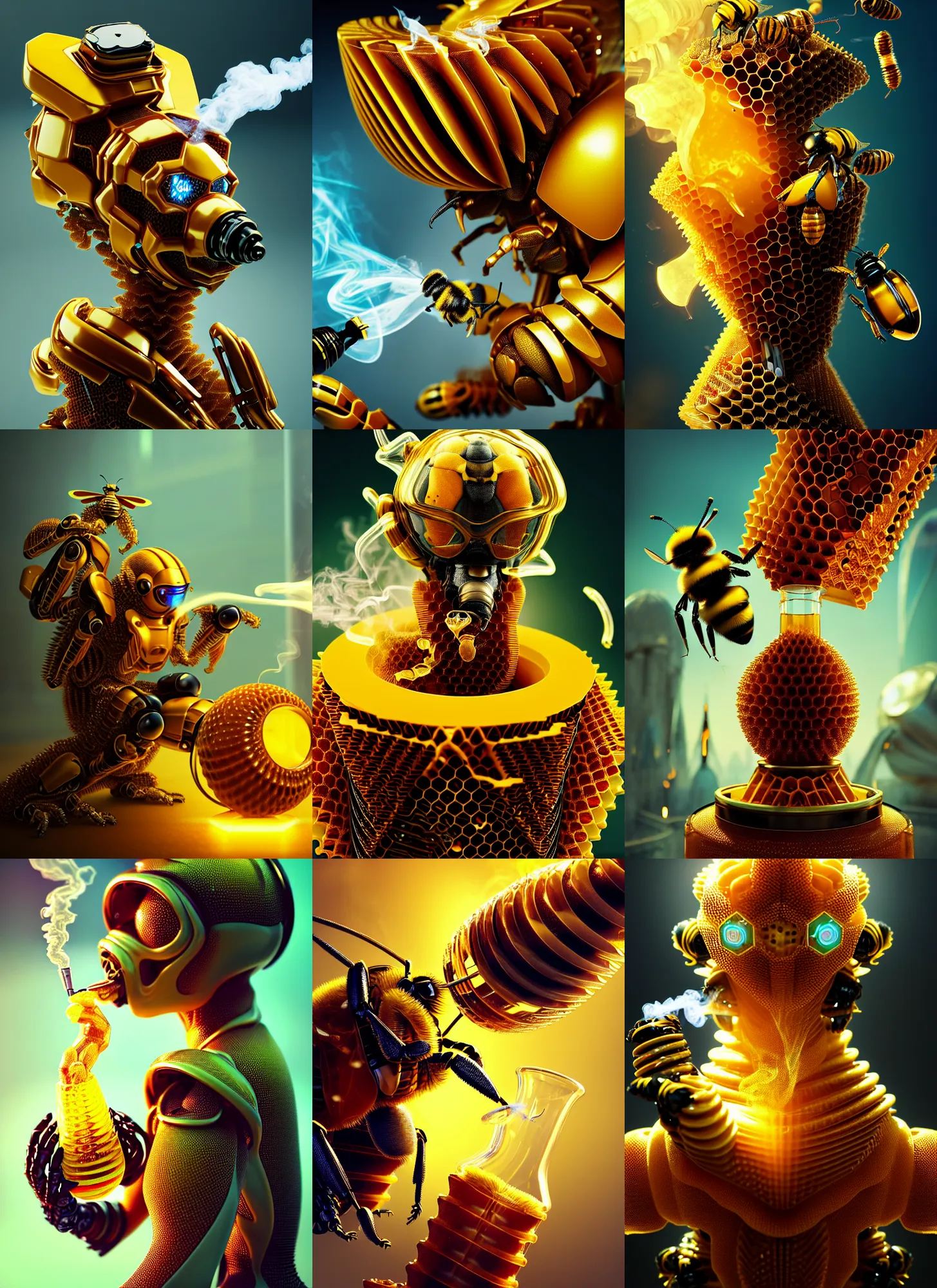 Prompt: transhuman honeycomb bumblebee edm cyborg smoking elaborate sugar bong | ornate | glamorous oily soft polished rich enticing ornate modern | weta disney pixar movie still photo | hi - fructose, sci fi fantasy, golden ratio details, smooth, octane render, sharp focus, artstation, concept art | beeple, feng zhu, mucha, rutkowski |