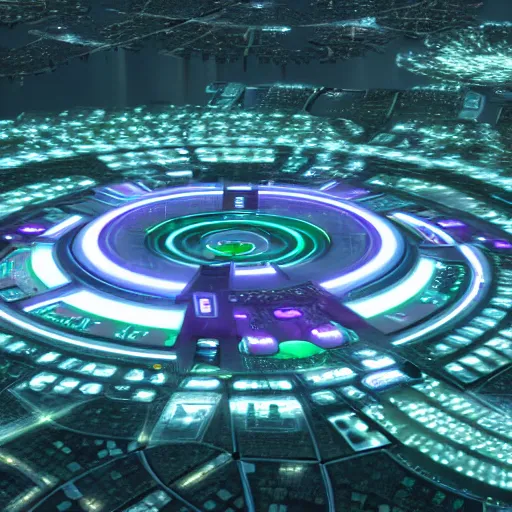 Image similar to a futuristic city located on a space station, the city is white with green lawns and parks. the houses are built in different planes on the huge rings of the station. the city consists of different houses park areas and lakes. in the style of york town from the movie star trek beyond. a cinematographic 7 5 mm shot octane render, 8 k, high resolution