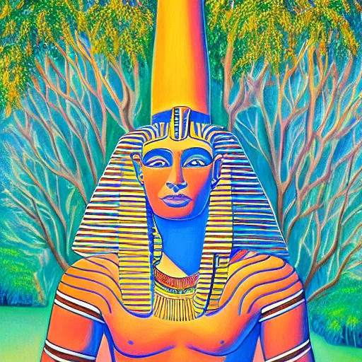 Prompt: painting of a peaceful Egyptian pharaoh relaxing under a tree by alex grey, acrylic art, calm, soothing, cosy, elegant, soft light,