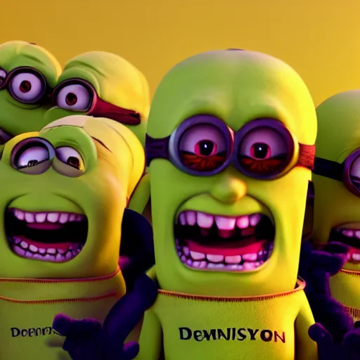 Image similar to demented, creepy, disturbing, evil possessed minions starting into camera, octane render, blender render, 8k,