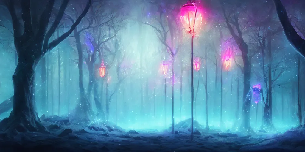 Image similar to beautiful concept art of a magical lights glowing with different colours everywhere in the centre of blizzard in an enchanted beautiful forest painted by Daisuke Tsutsumi, fantasy art, Disney art illustration, trending on artstation, cgsociety, nice composition, great fantasy mood