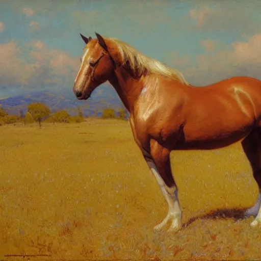 Image similar to detailed wide shot of horse in the field, spring light, painting by gaston bussiere, craig mullins, j. c. leyendecker