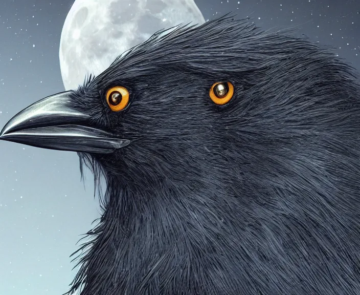 Image similar to a hyper-detailed fantasy wallpaper book cover, close-up portrait of a crow flying above a tree in front of the full big moon; an extraordinary masterpiece!!!; flawless; proud posture; photorealistic eyes; trending on artstation; f/1.4; 90mm