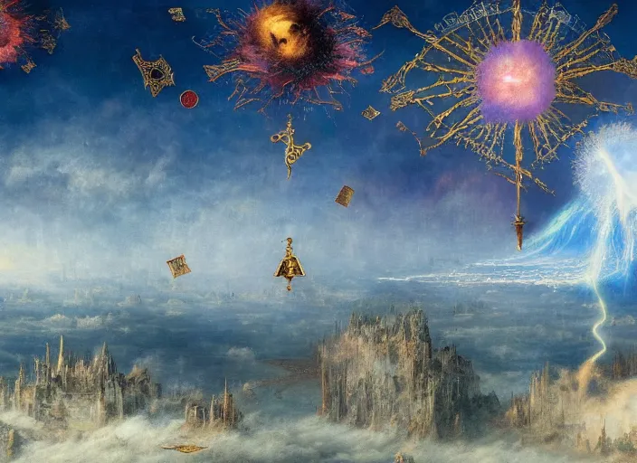 Image similar to a beautiful and highly detailed matte painting of magical tarot cards floating in the midst of magical explosions, intricate details, epic scale, insanely complex, 8 k, sharp focus, hyperrealism, very realistic, by caspar friedrich, albert bierstadt, james gurney, brian froud,