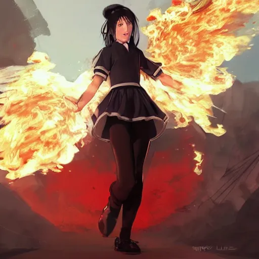 Image similar to Full body, splash art by WLOP, Ilya kuvshinov, Krenz Cushart, and Greg Rutkowski, trending on artstation. Realistic fantasy Native Indian young girl with dark skin and silky black hair, wearing a red-sleeved white t-shirt with jeans, she has fire powers, her hair is made out of astonishing fire flames, wide panorama of a Cinematic dramatic atmosphere of a mystic dense forest, full of foliage, sharp focus, soft volumetric studio lighting