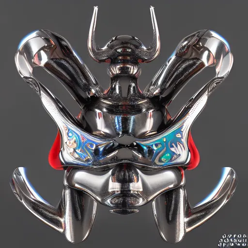 Image similar to chrome jester, glossy, metallic, neon, symmetrical, tribal patterns, realistic, unreal engine, octane, redshift, artstation, behance