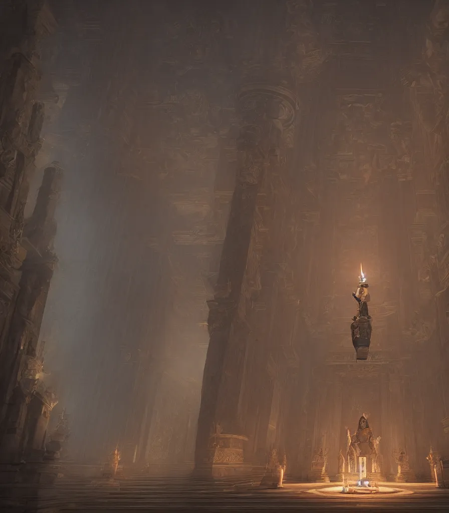 Image similar to The guardian of the temple holding a candle, standing in a hallway to a large magical room, Greg Rutskowski, Trending on Artstation, 4K, epic composition