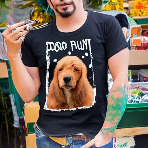 Image similar to bootleg tshirt of a dog smoking a blunt at the market