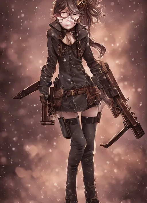Prompt: girl with steampunk weapons and uniform, mad, intense, finely detailed, made by artgerm, ross tran, full body portrait, illustration, snow, snowing, cloudy, anime, side view, perfect anime face, realistic face, zoomed out, smooth, brown eyes, high waisted shorts