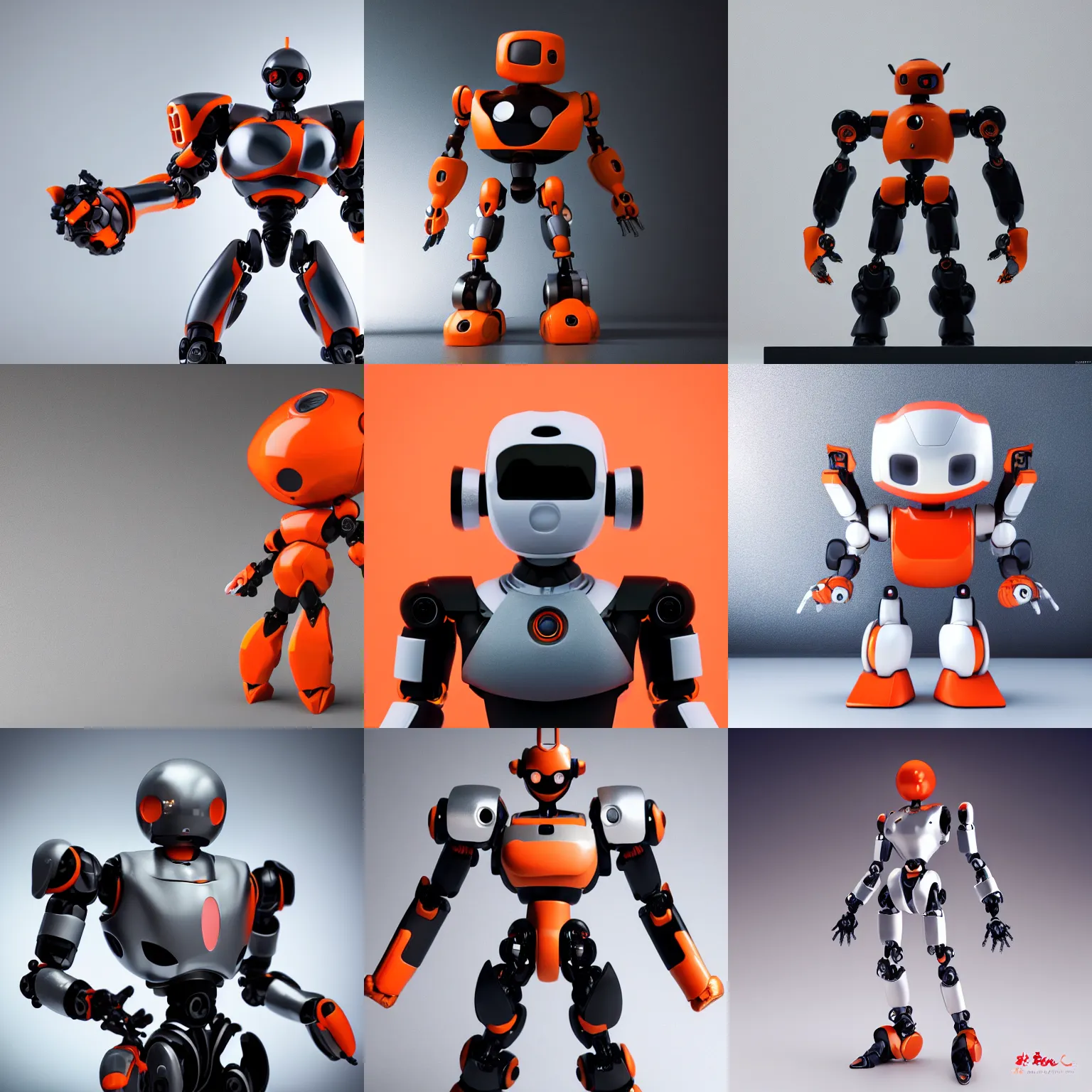 Prompt: ( toy anime robot ) designed by apple, studio photo, white backdrop, studio light, solid works, octane render, macro shot, in focus, dept of field, silver, orange, black design