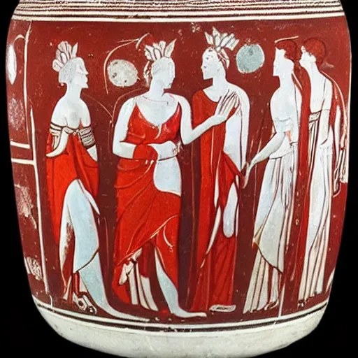 Prompt: red and black greek pottery showing hera scolding aphrodite and artemis for posting divine secrets on twitter