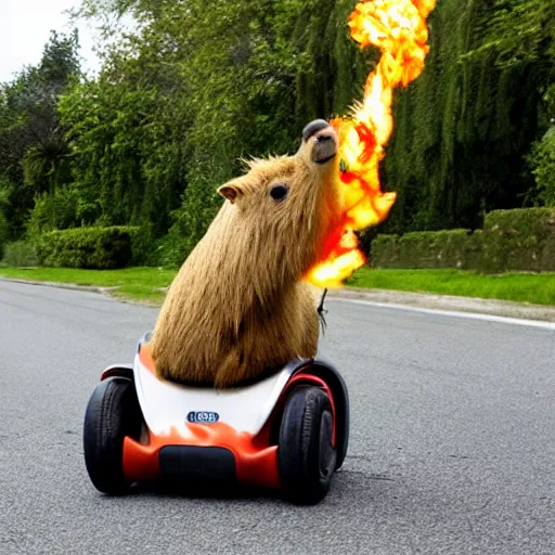 Image similar to photograph of a capybara riding a flaming segway