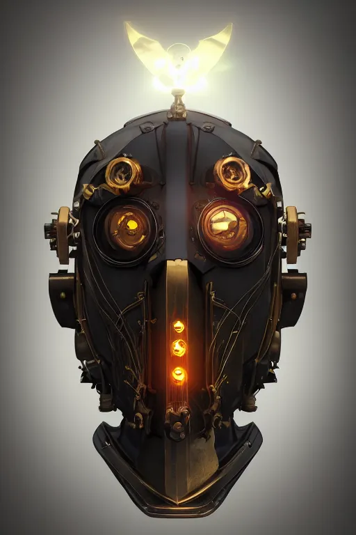 Image similar to steampunk mask minimalist fantasy art robot ninja helmet, global illumination ray tracing hdr fanart arstation by sung choi and eric pfeiffer and gabriel garza and casper konefal radiating a glowing aura