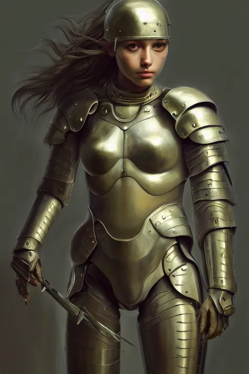 Prompt: a photorealistic painting of an attractive young girl, partially clothed in metal-plated battle armor, olive skin, long dark hair, beautiful bone structure, symmetrical face, perfect eyes, intricate, elegant, digital painting, concept art, illustration, sharp focus, minimal artifacts, volumetric lighting, from Metal Gear, in the style of Ruan Jia and Mandy Jurgens and Greg Rutkowski, trending on Artstation, award winning