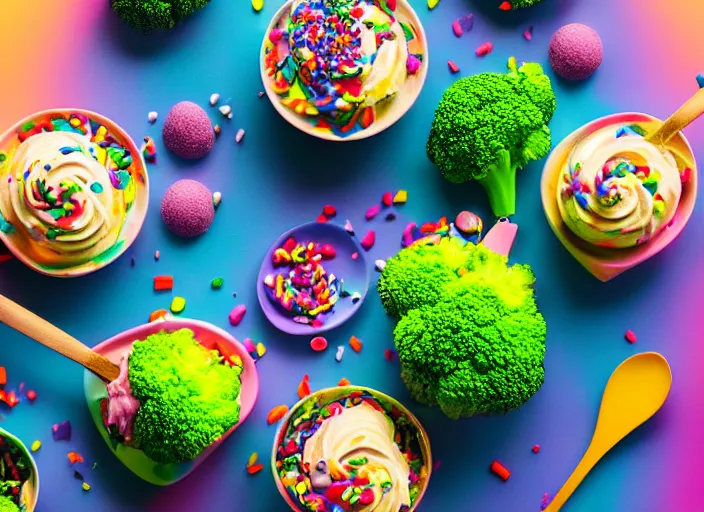 Image similar to food photo still of soft serve swirled frozen yogurt topped with broccoli and rainbow sprinkles, 8 5 mm f 1. 8 studio lighting