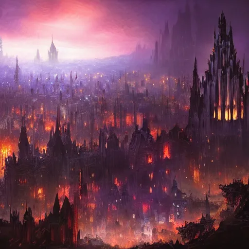 Prompt: fantasy dark medieval gothic cityscape on hill, painting, lights, darkness, lanterns, people in the streets, small buildings, city wall, dark fantasy, magic the gathering, blue tint, detailed, sharp focus, hyperrealistic, fantastic artwork, 4 k, artstation, high fantasy, ravnica, volumetric lighting, strong contrast, dark sky, far shot