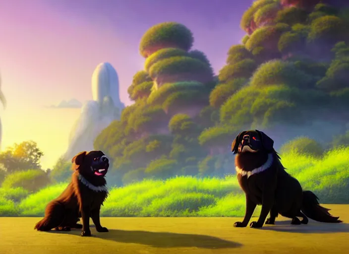 Image similar to a wholesome animation key shot of a black tibetan spaniel, thai temple in the background, studio ghibli, pixar and disney animation, sharp, rendered in unreal engine 5, anime key art by greg rutkowski, bloom, dramatic lighting