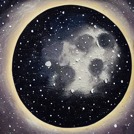 Image similar to a painting of the close up bright detailed moon surrounded by black sky and small speckled stars photo realistic light and detail