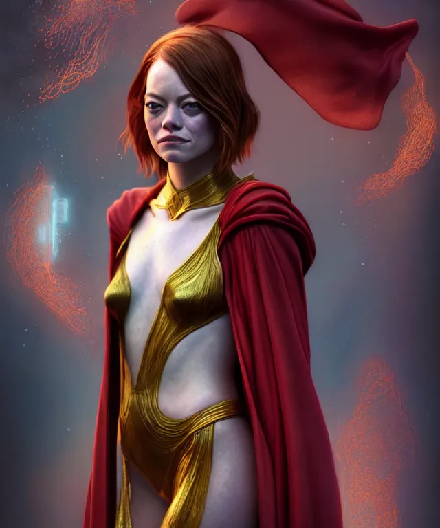 Prompt: hyperrealistic mixed media painting of Emma Stone as a beautiful young female mage, stunning 3d render inspired art by P. Craig Russell and Barry Windsor-Smith + perfect facial symmetry + dim volumetric lighting, dark red hair, pale skin, crimson robes, dizzy, full body, confident heroic pose, arms crossed, d&d, 8k octane beautifully detailed render, post-processing, extremely hyperdetailed, intricate, epic composition, grim yet sparkling atmosphere, cinematic lighting + masterpiece, trending on artstation, very very detailed, masterpiece, stunning