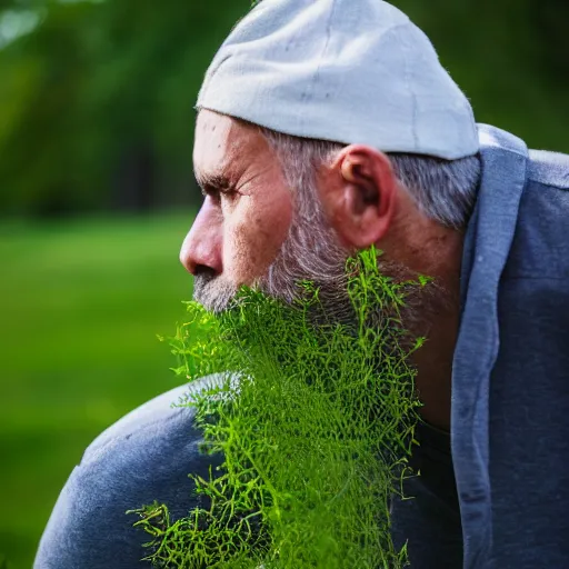 Image similar to A man intensely smelling gras, XF IQ4, 150MP, 50mm, F1.4, ISO 200, 1/160s, natural light