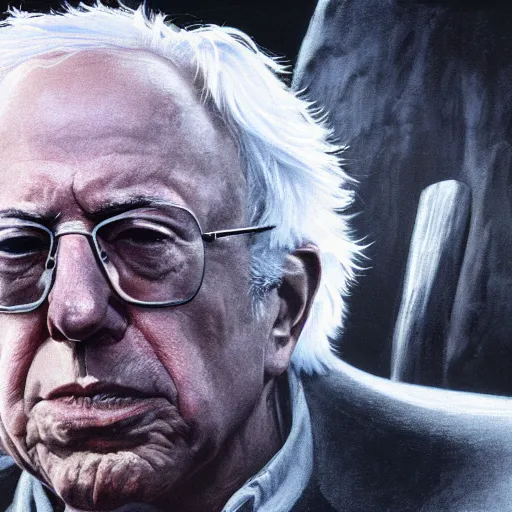 Prompt: Cinematic Imax depiction of Bernie Sanders as a rustic cyborg in the style of Wayne Barlowe 3840 x 2160