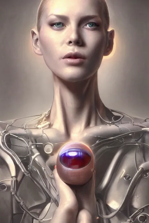 Image similar to a realistic detailed beautiful portrait of a cybernetic woman,glowing orb in her mouth, cyberpunk concept art, digital art, highly detailed, intricate, sci-fi, sharp focus, Trending on Artstation HQ, deviantart, unreal engine 5, 4K UHD image, hyperrealistic, photorealistic, art by artgerm and greg rutkowski and alphonse mucha