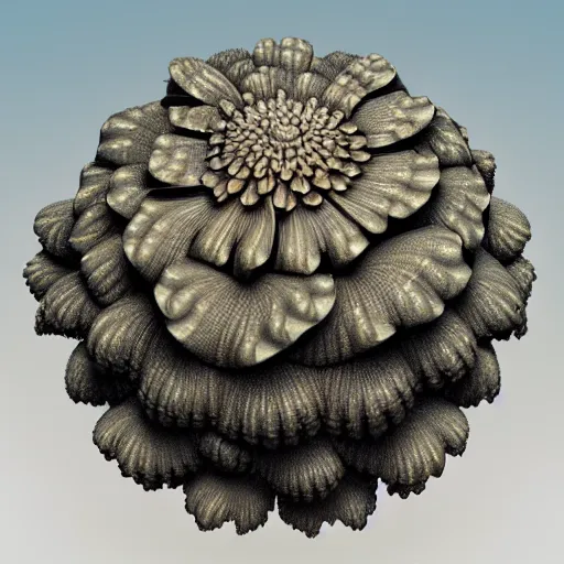 Prompt: The Mandelbulb has grown big flowers all over its surface. Side View. Octane render