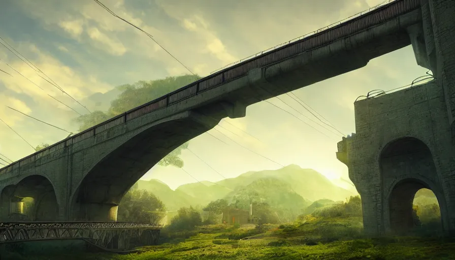 Prompt: futuristic train driving over aqueduct, green hills, matte painting, artstation, sunrise, blue sky, solarpunk