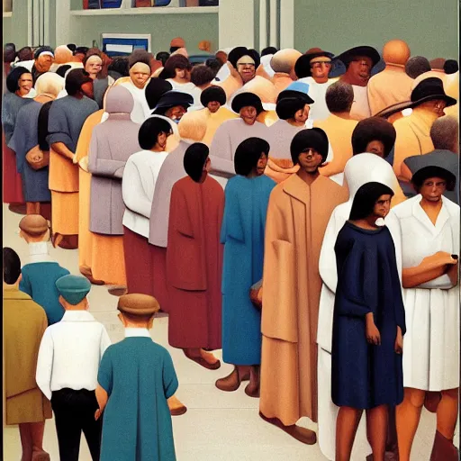 Image similar to people standing in line at the post office, by george tooker