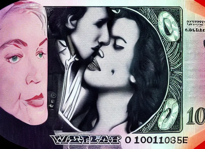 Prompt: reylo kiss on a dollar bill