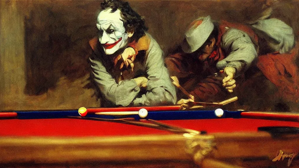 Prompt: high quality high detail painting by ilya repin, the joker playing pool hd