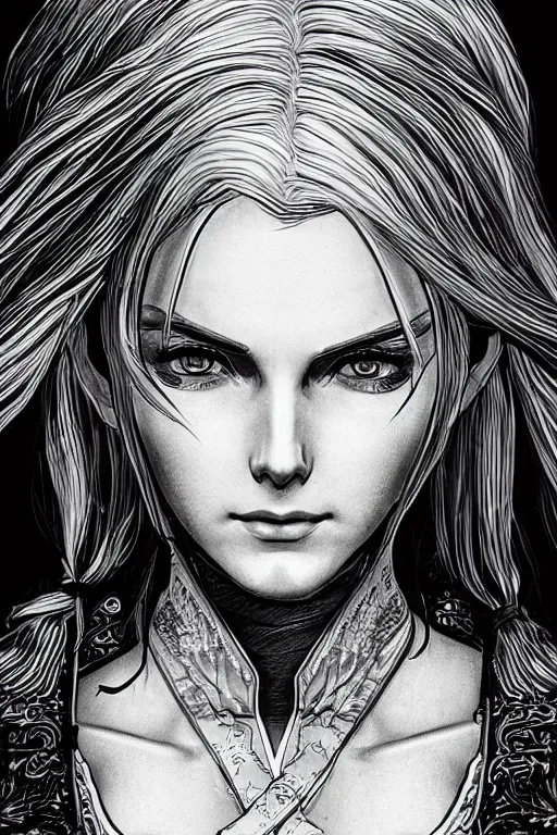 Prompt: alluring highly detailed manga line art portrait of Triss from the Witcher 3, very detailed, realistic