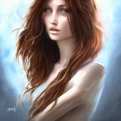 Image similar to A portrait of an attractive young female earth angel, beautiful long brown hair, rock elements, intricate, highly detailed, elegant, digital painting, trending on artstation