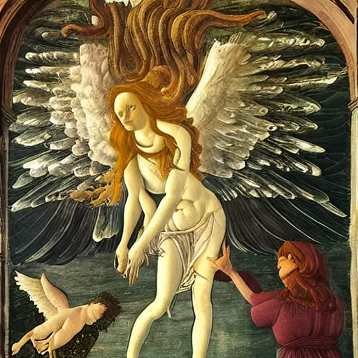 Image similar to angel falling into darkness by Sandro Botticelli, hernan bas, Epic Visionary art, highly detailed, dramatic lighting