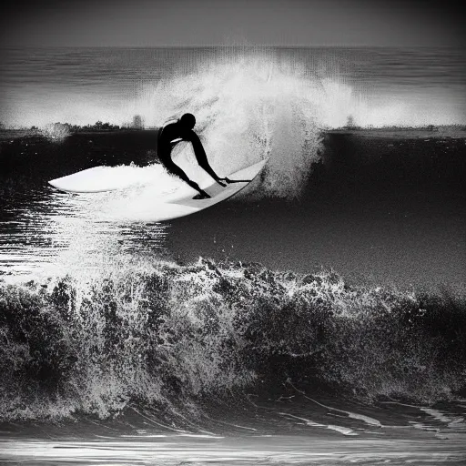Prompt: black and white, 3d, photorealistic imagery, surfer