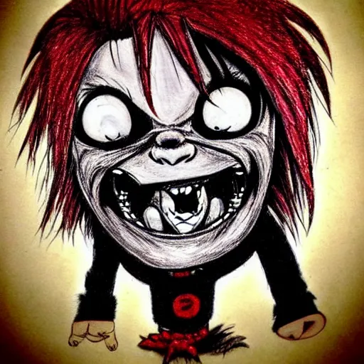 Image similar to grunge drawing of chucky by - minecraft , loony toons style, horror themed, detailed, elegant, intricate